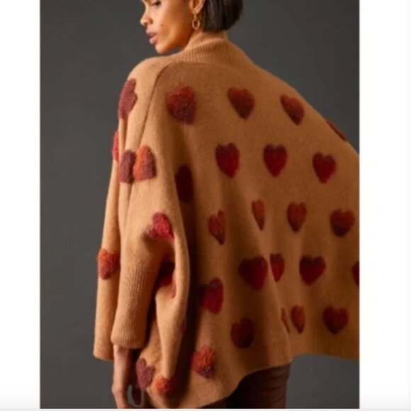 Anthropologie Boucle Heart Wool Blend Knit Kimono Sweater One Size Tan Brown - Picture 2 of 15